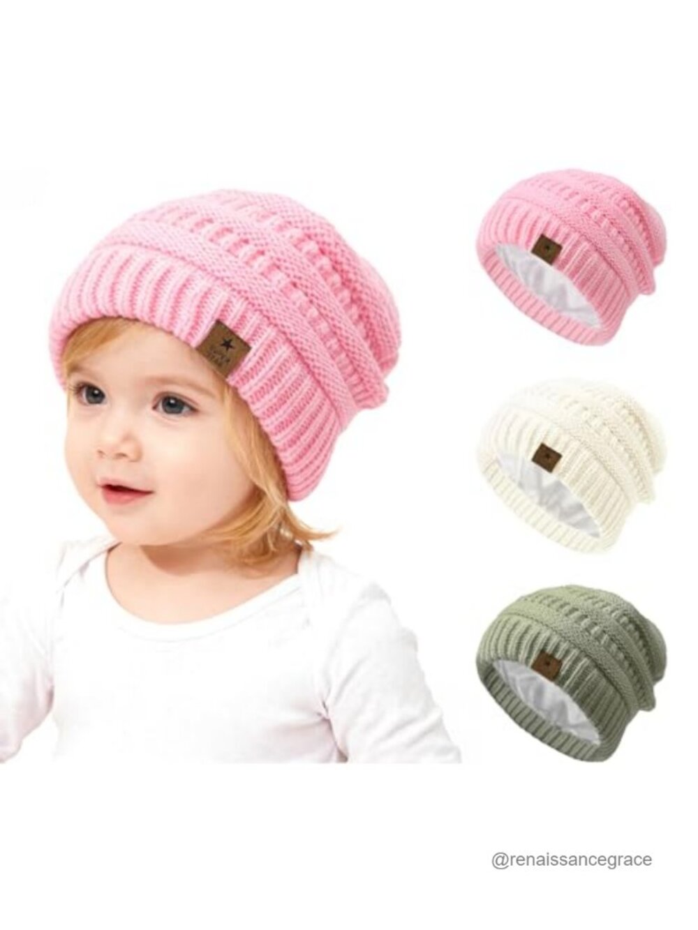 3 Pack Toddler Winter Hats Satin Lined Cable Knit Beanie